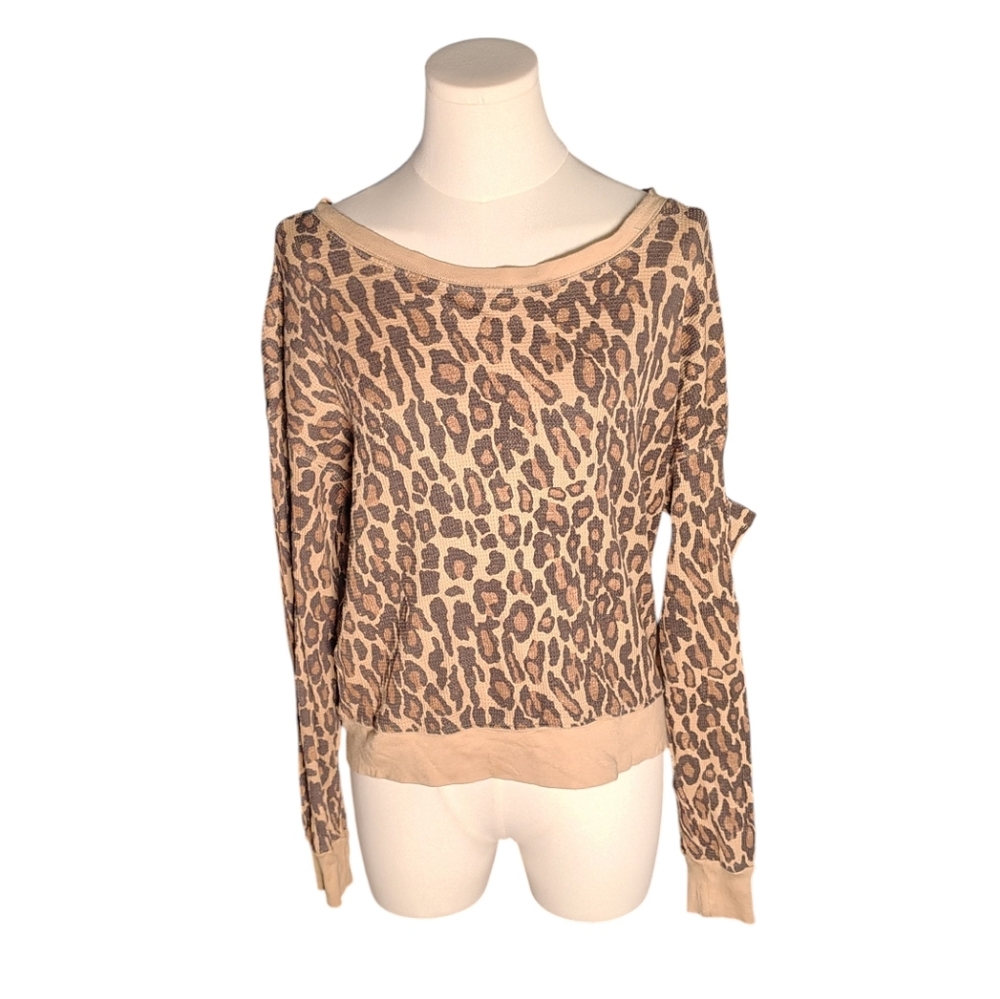 Splendid Cotton Vintage Leopard Print Waffle Knit Thermal Sweater  Size XS